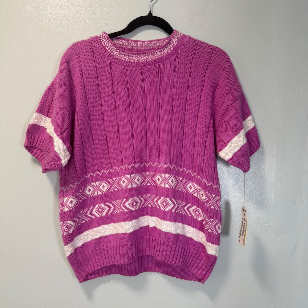 Bobbie Brooks VTG Short Sleeve Cotton Knit Sweater Pink Purple Large 6239 3005